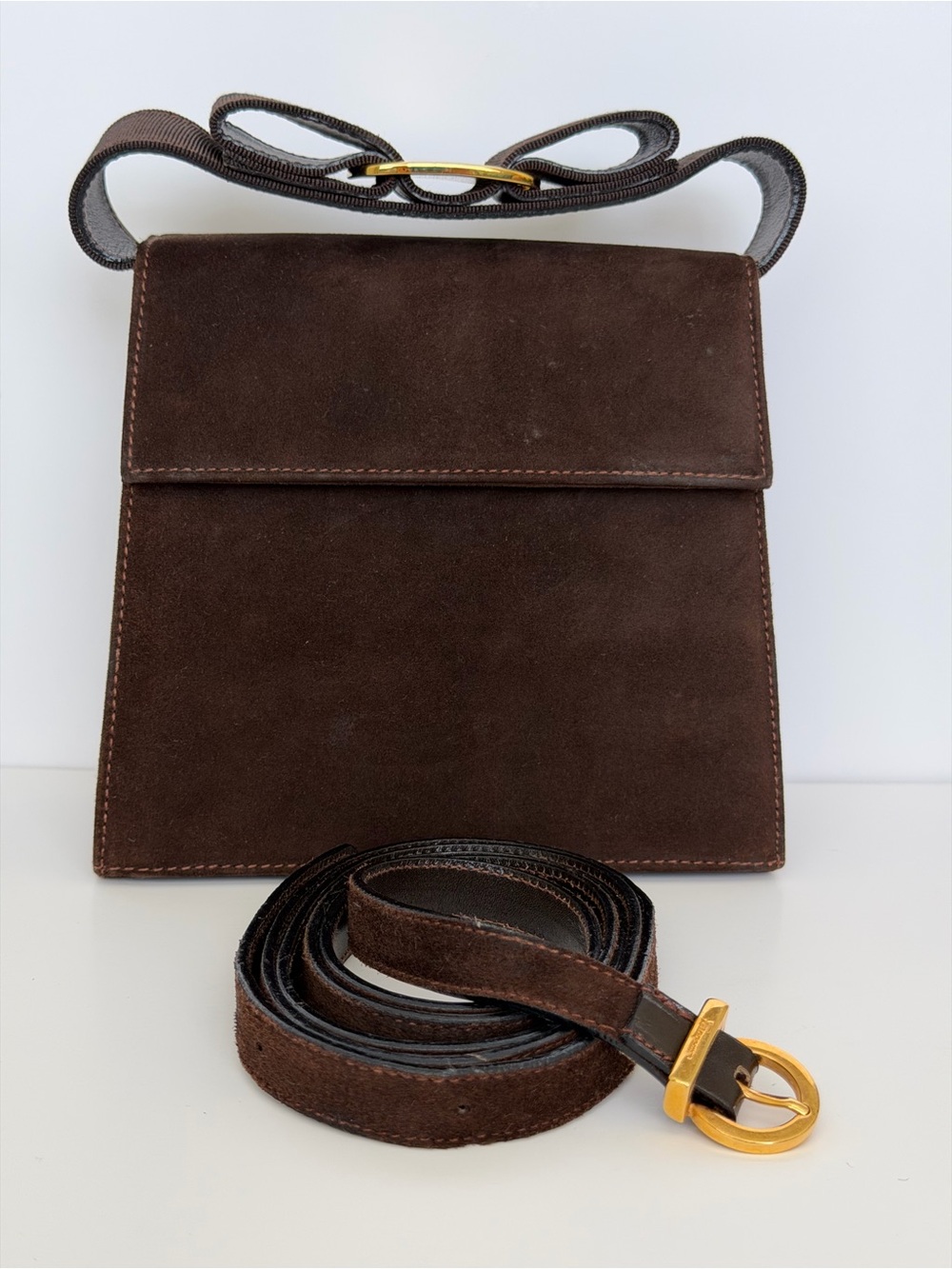 Salvatore Ferragamo Dark Brown Suede Vara Bow Crossbody Bag BC213104 (w/ COA)